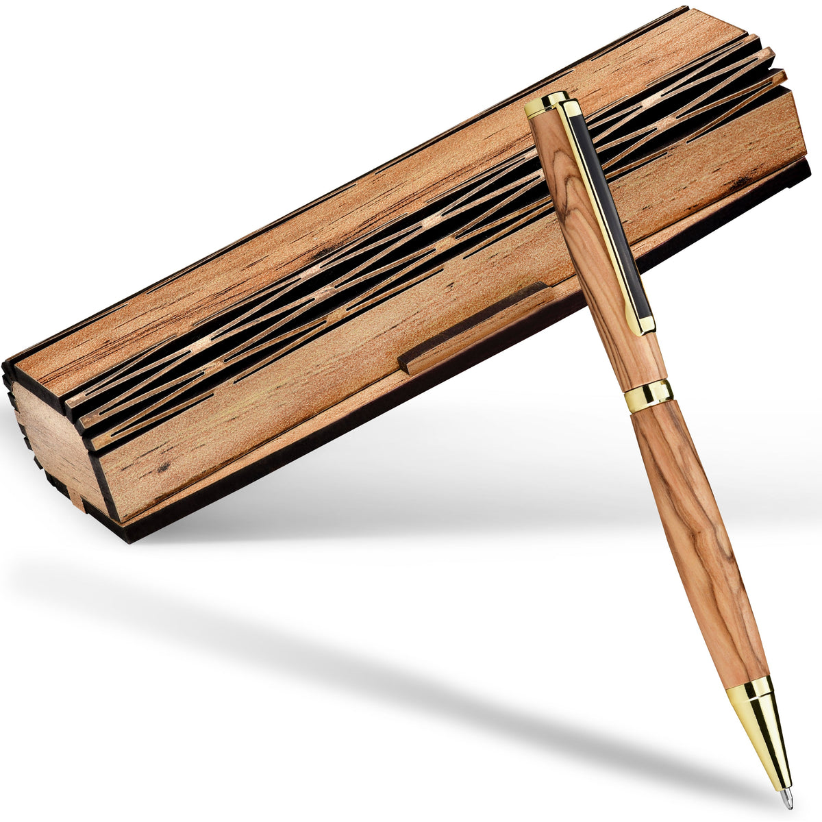 Ballpoint pen with wooden box made of olive wood